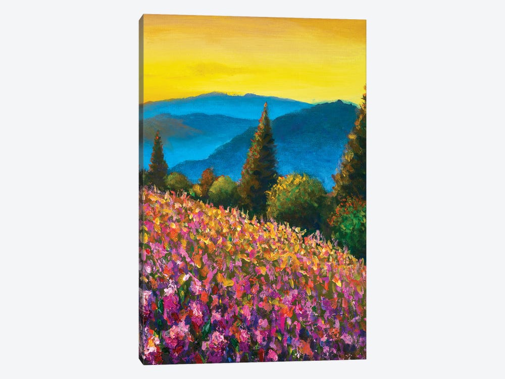 Violet & Pink Lavender Field With Blue Mountains by Valery Rybakow 1-piece Canvas Art