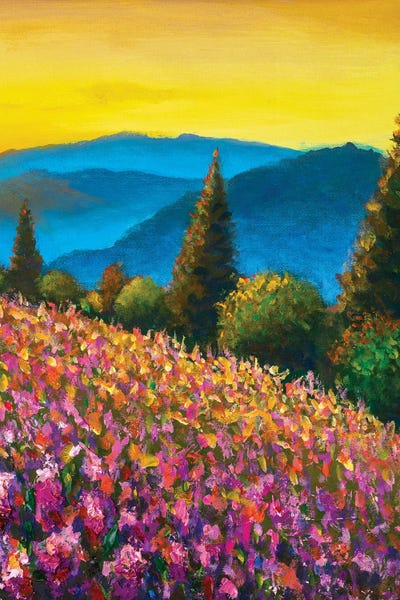 Cypress Trees: Violet & Pink Lavender Field With Blue Mountains by Valery Rybakow