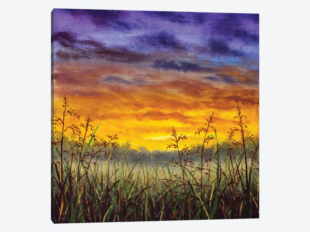 Ainting Of Grass Summer Field Against The Background Of Sky At Sunset Dawn by Valery Rybakow 1-piece Canvas Art Print