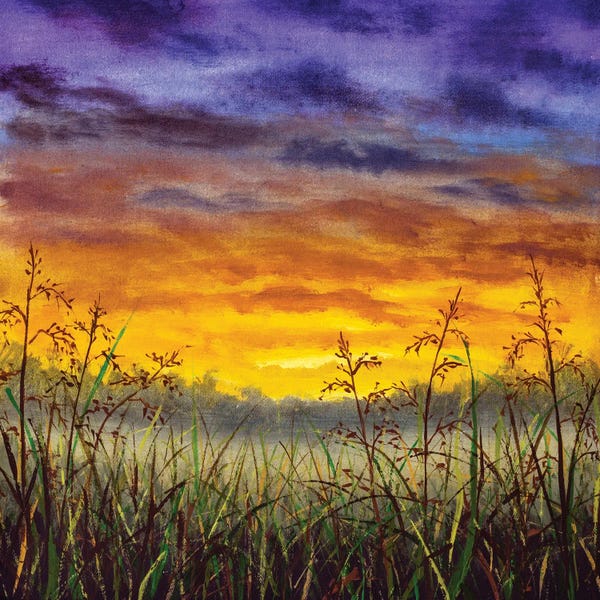 Color Fields: Ainting Of Grass Summer Field Against The Background Of Sky At Sunset Dawn by Valery Rybakow