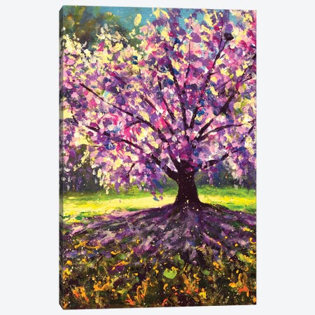 Spring Oil Painting Flowering Cherry Sakura Tree On Sunny Meadow In Forest Canvas Print #VRY653} by Valery Rybakow Canvas Art Print