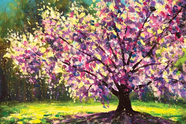 Cherry Trees: Flowering Sakura In A Spring Green Forest by Valery Rybakow