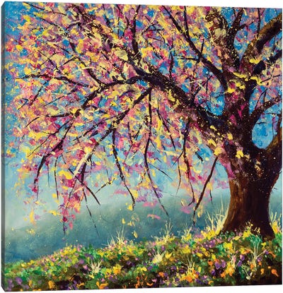Blooming Sakura Cherry Tree On A Mountainside Canvas Art Print - Cherry Blossom Art
