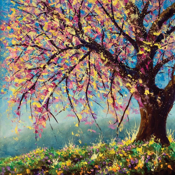 Cherry Trees: Blooming Sakura Cherry Tree On A Mountainside by Valery Rybakow