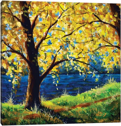 Tree By The River Canvas Art Print - Palette Knife Prints