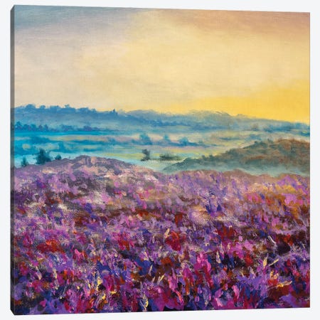 Purple Field Of Wildflowers Flower In Foggy Mountains Canvas Print #VRY664} by Valery Rybakow Art Print