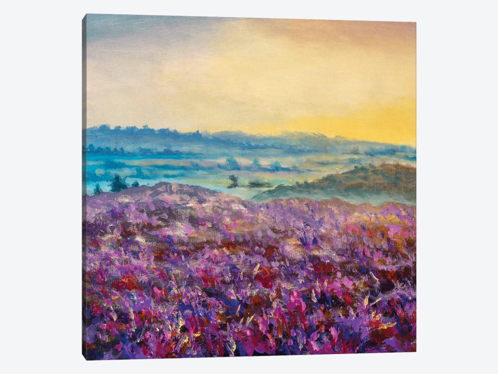 Purple Field Of Wildflowers Flower In Foggy Mountains by Valery Rybakow 1-piece Canvas Wall Art
