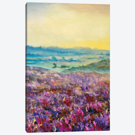 Purple Field Of Flowers In Foggy Mountains At Dawn Canvas Print #VRY665} by Valery Rybakow Art Print
