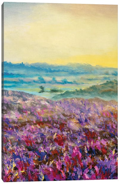 Purple Field Of Flowers In Foggy Mountains At Dawn Canvas Art Print - Color Fields