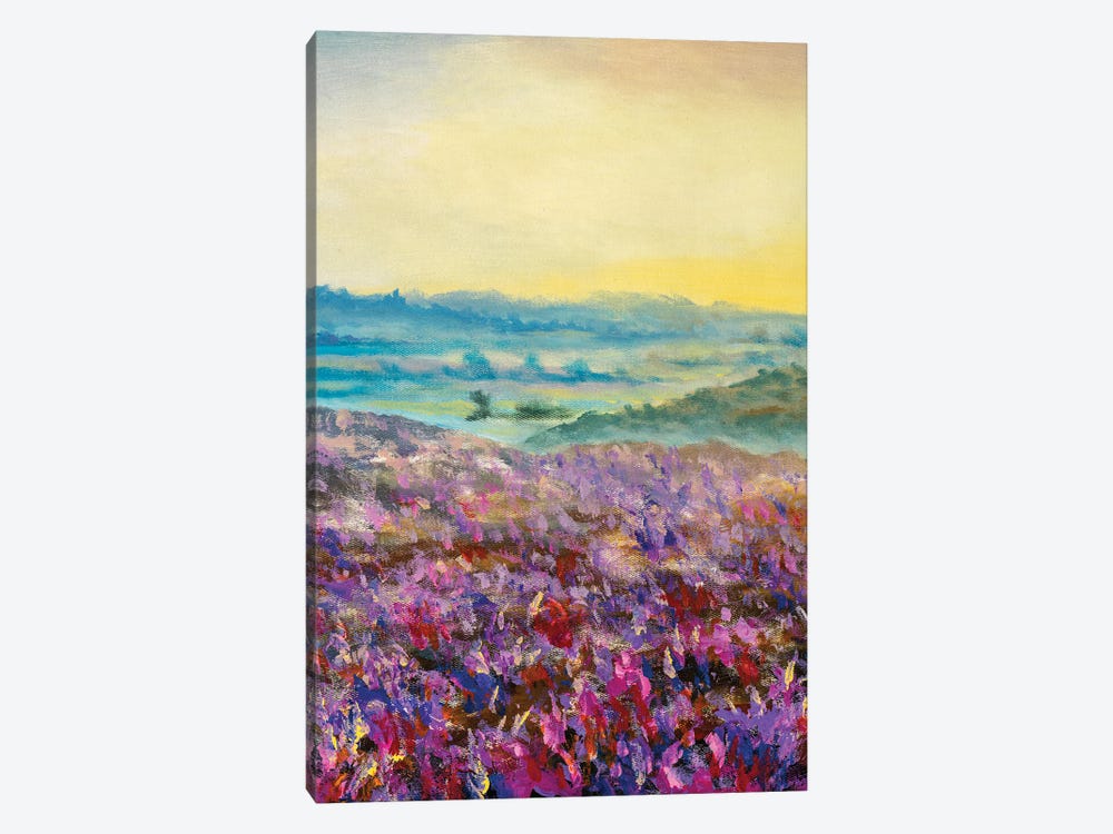 Purple Field Of Flowers In Foggy Mountains At Dawn by Valery Rybakow 1-piece Canvas Art Print