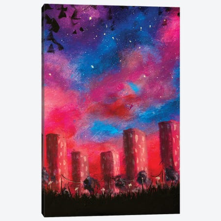 Vertical Oil Painting Night City Hand Painted Art Background Tall Houses Against Background Of Purple Starry Sky Canvas Print #VRY674} by Valery Rybakow Canvas Wall Art
