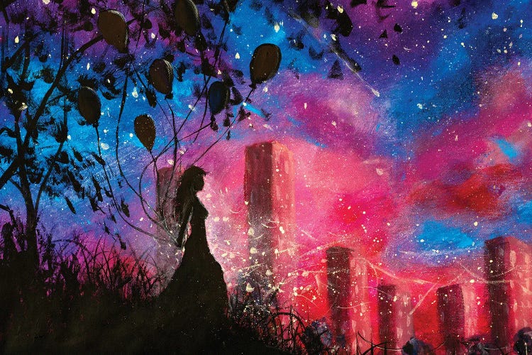 Silhouette Of A Girl With Balloons In The City by Valery Rybakow wall art