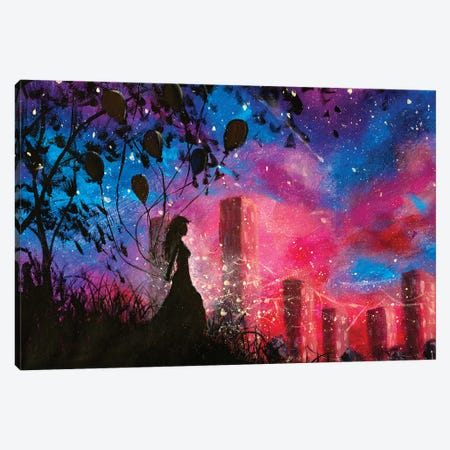 Oil Acrylic Modern Painting Silhouette Of Girl With Balloons On Background Of Night City Artwork Canvas Print #VRY680} by Valery Rybakow Canvas Art