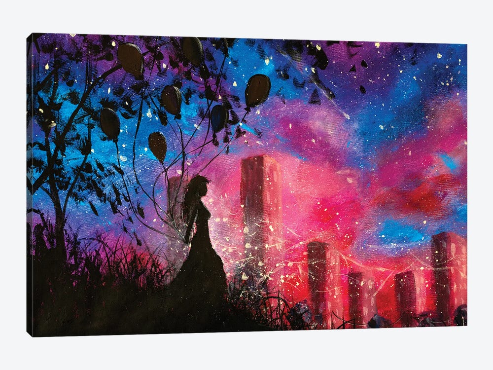 Silhouette Of A Girl With Balloons In The City by Valery Rybakow 1-piece Canvas Art
