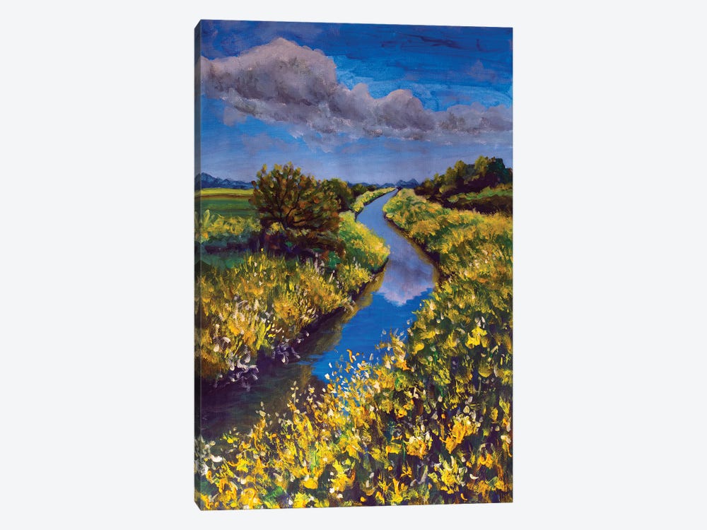 Field Of Yellow Wildflowers Blue Sky Beautiful River by Valery Rybakow 1-piece Canvas Artwork
