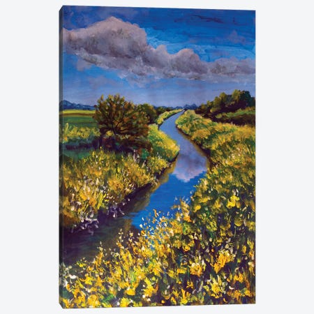 Field Of Yellow Wildflowers Blue Sky Beautiful River Canvas Print #VRY686} by Valery Rybakow Canvas Print