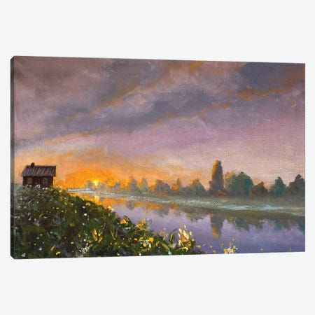 Old Rural Rustic Wooden House On River Bank At Dawn Sunset Canvas Print #VRY691} by Valery Rybakow Canvas Print