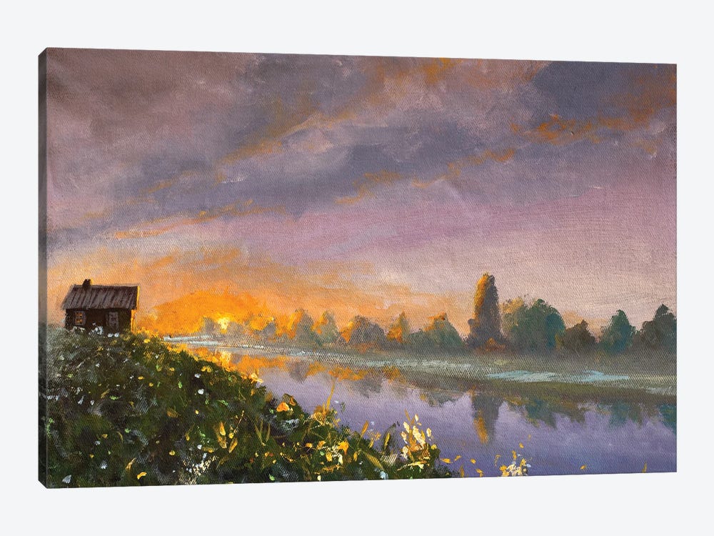 Old Rural Rustic Wooden House On River Bank At Dawn Sunset by Valery Rybakow 1-piece Canvas Artwork