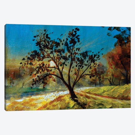 Tree In The Rays Of The Rising Sun Over A Beautiful River And A Green Field Canvas Print #VRY701} by Valery Rybakow Art Print