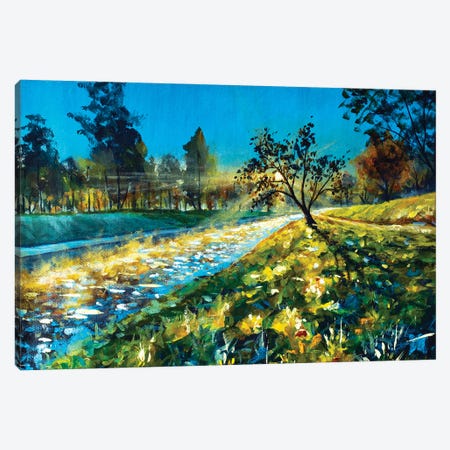 Tree In The Rays Of The Rising Sun Over A Beautiful River And A Green Field Canvas Print #VRY702} by Valery Rybakow Canvas Art Print