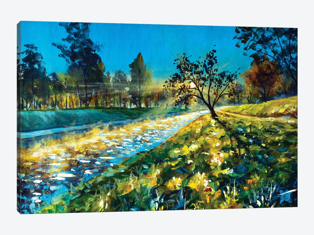 Tree In The Rays Of The Rising Sun Over A Beautiful River And A Green Field by Valery Rybakow 1-piece Art Print