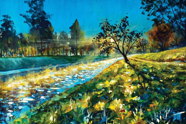 Tree In The Rays Of Rising Sun Over A Beautiful River And Green Field Ver. II