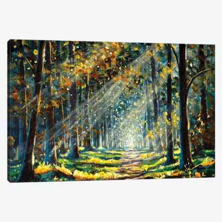 Sun In Sunny Forest With Road And Trees Canvas Print #VRY706} by Valery Rybakow Canvas Artwork