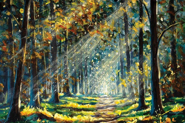 Valery Rybakow: Sun In Sunny Forest With Road And Trees by Valery Rybakow