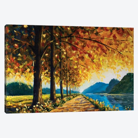 Autumn Trees Road Along The Lake And Blue Mountains In The Background Canvas Print #VRY712} by Valery Rybakow Canvas Wall Art