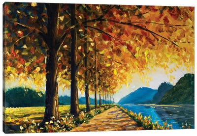 Autumn Trees Road Along The Lake And Blue Mountains In The Background Canvas Art Print