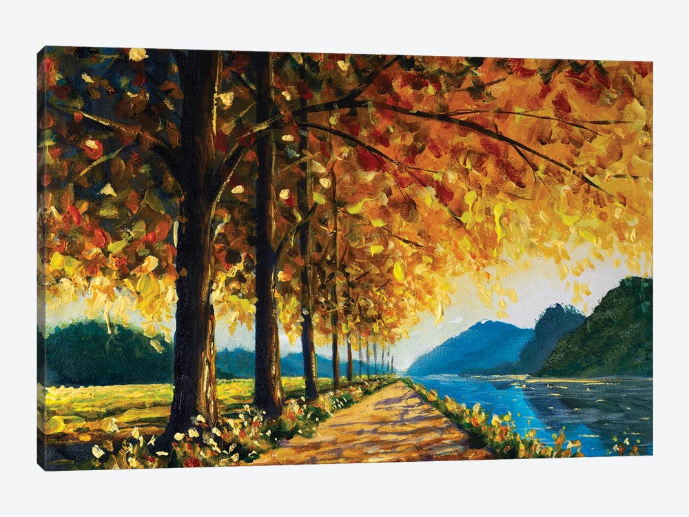 Autumn Trees Road Along The Lake And Blue Mountains In The Background by Valery Rybakow 1-piece Canvas Art