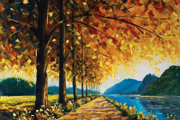 Valery Rybakow: Autumn Trees Road Along The Lake And Blue Mountains In The Background by Valery Rybakow