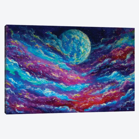Glowing Planet Universe On Blue Purple Starry Night Space Sky Canvas Print #VRY718} by Valery Rybakow Canvas Art