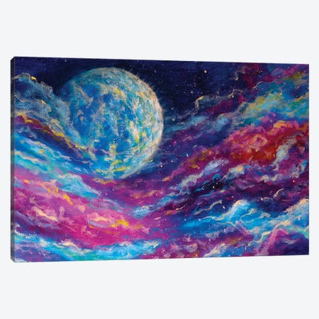 Glowing Planet On Blue Purple Starry Space Sky Canvas Print #VRY719} by Valery Rybakow Canvas Artwork