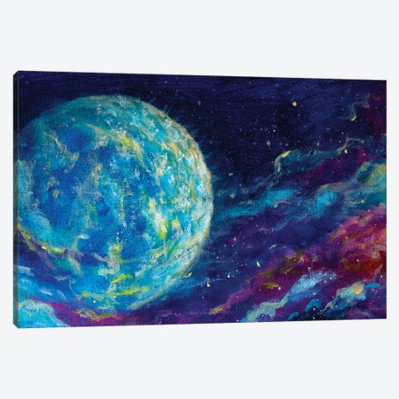 Glowing Planet On Blue Purple Starry Night Space Sky Canvas Print #VRY720} by Valery Rybakow Canvas Print