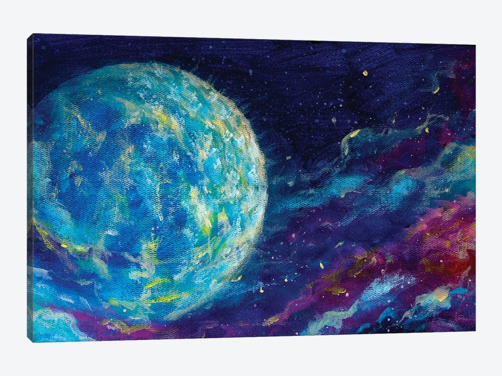 Glowing Planet On Blue Purple Starry Night Space Sky by Valery Rybakow 1-piece Art Print