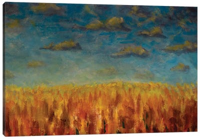 Warm Sky With Clouds Over Orange Field Forest Canvas Art Print - Valery Rybakow