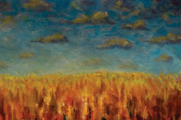 Valery Rybakow: Warm Sky With Clouds Over Orange Field Forest by Valery Rybakow