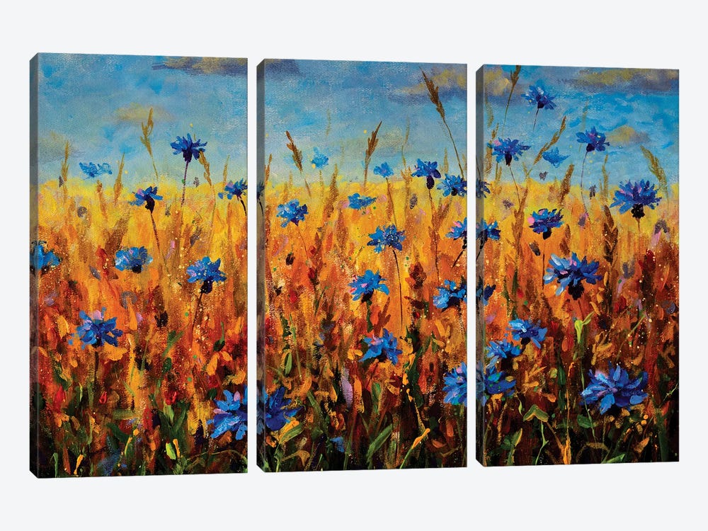 Field Of Blue Flowers by Valery Rybakow 3-piece Canvas Art