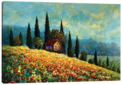 Old Rural House In A Field Canvas Art Print - Hill & Hillside Art