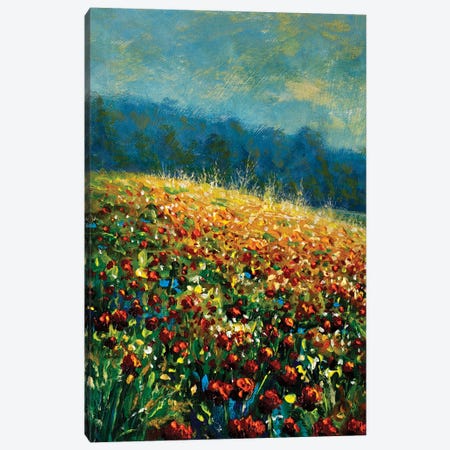Landscape Red Poppies Flower Meadow Canvas Print #VRY762} by Valery Rybakow Canvas Art Print