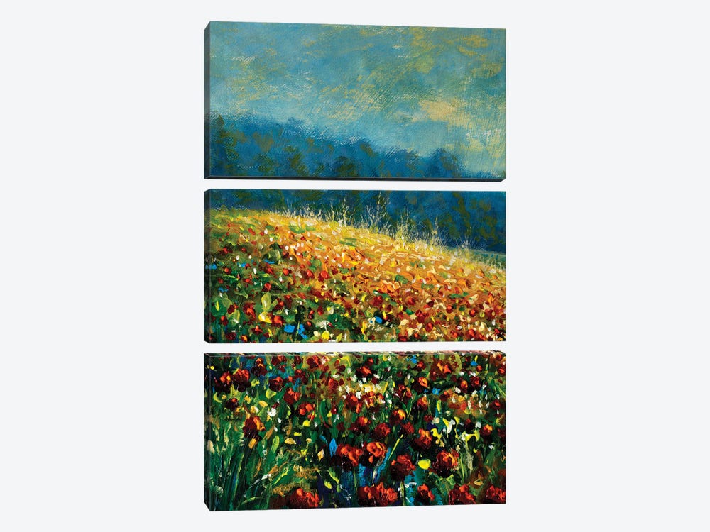 Landscape Red Poppies Flower Meadow by Valery Rybakow 3-piece Canvas Art Print