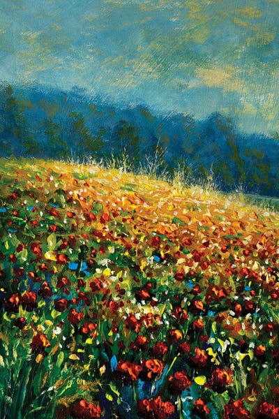 Hillsides: Landscape Red Poppies Flower Meadow by Valery Rybakow