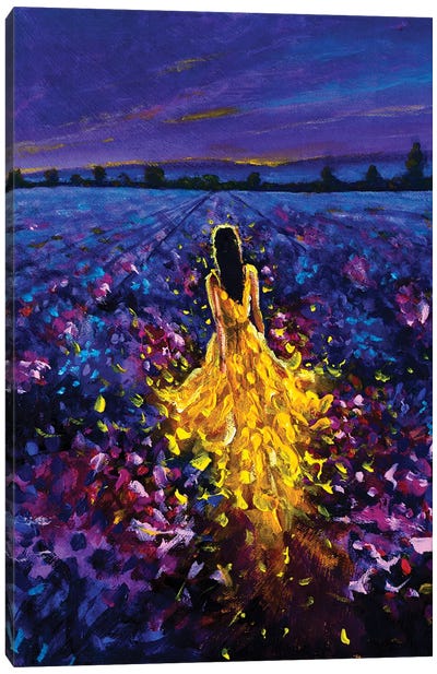 Right Glowing Girl In Yellow Walks Through The Lavender Field At Sunset Canvas Art Print - Lavender Art