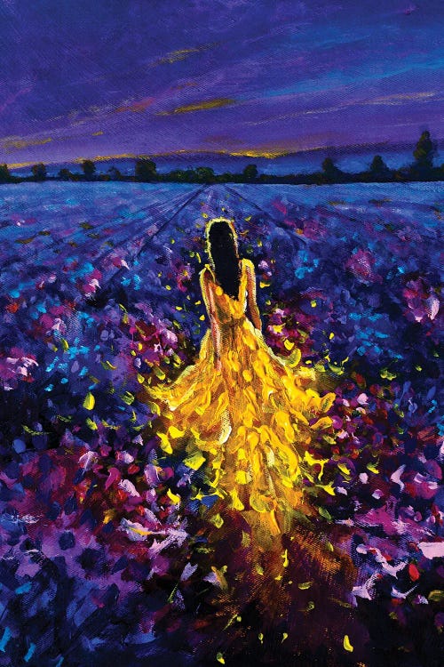 Right Glowing Girl In Yellow Walks Through The Lavender Field At Sunset