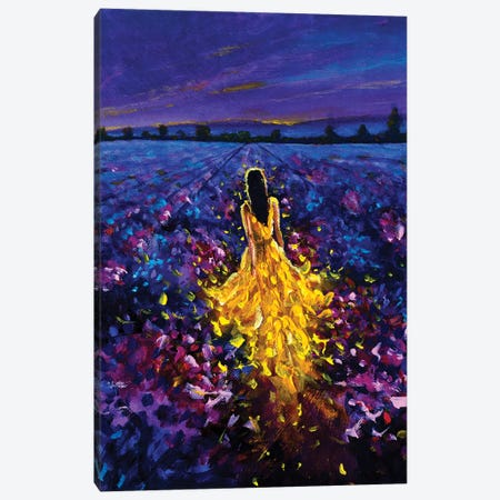 Right Glowing Girl In Yellow Walks Through The Lavender Field At Sunset Canvas Print #VRY763} by Valery Rybakow Canvas Print