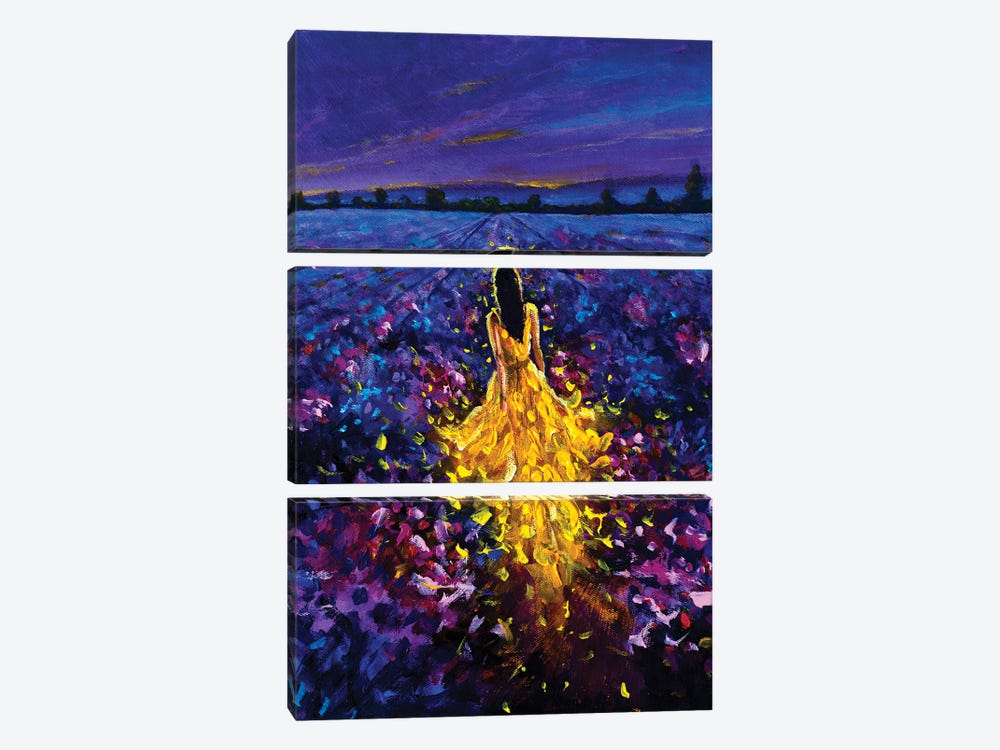 Right Glowing Girl In Yellow Walks Through The Lavender Field At Sunset by Valery Rybakow 3-piece Canvas Art