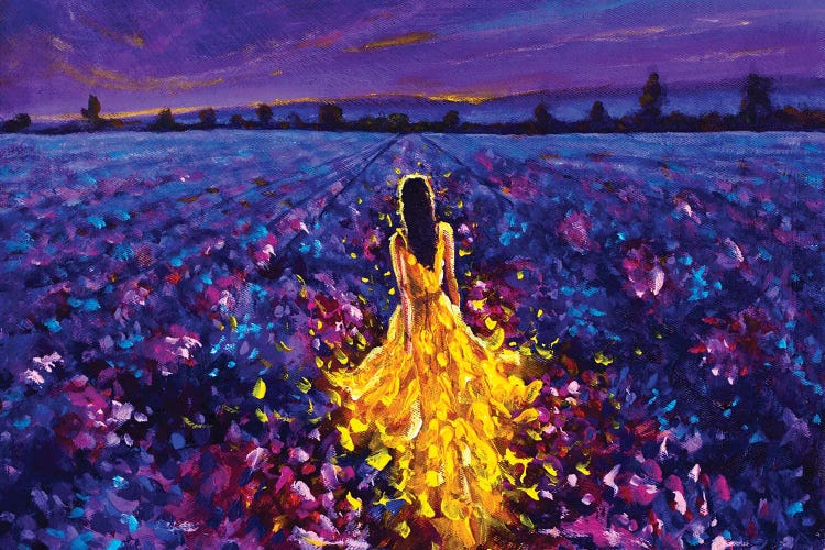 Bright Glowing Girl Walks Through The Night Lavender Field