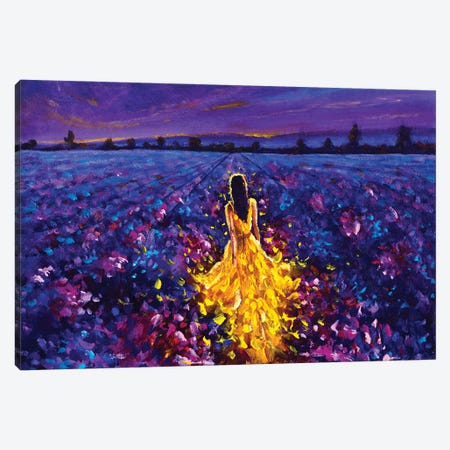 Bright Glowing Girl Walks Through The Night Lavender Field Canvas Print #VRY764} by Valery Rybakow Canvas Wall Art