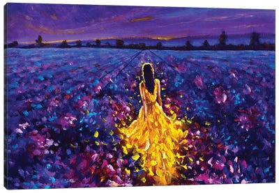 Bright Glowing Girl Walks Through The Night Lavender Field Canvas Art Print - Valery Rybakow